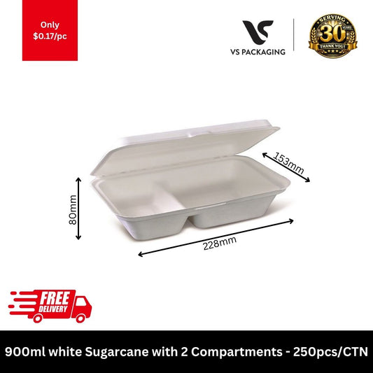 900ml sugarcane meal box 2 compartment compostable takeaway container eco friendly food box Australia