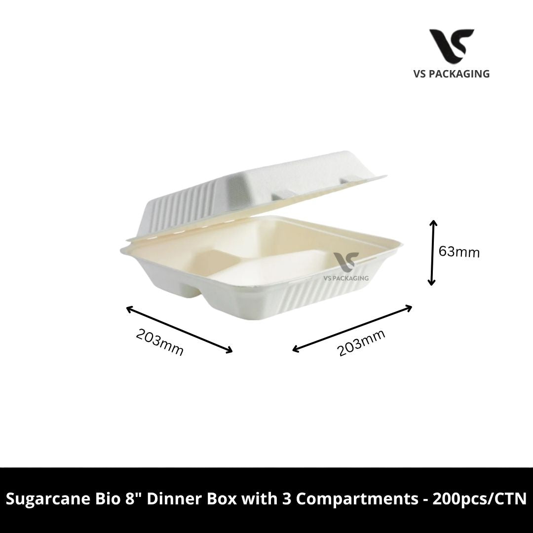 Sugarcane Bio 8” Dinner Box with 3 Compartments Small PFAS Free - 200pcs/CTN VS Packaging
