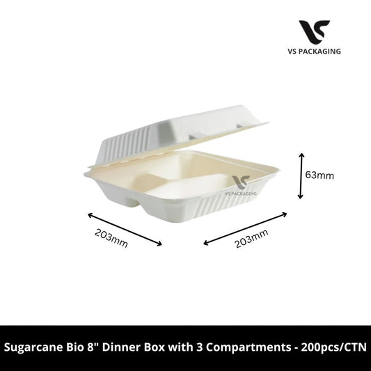 Sugarcane Bio 8” Dinner Box with 3 Compartments Small PFAS Free - 200pcs/CTN VS Packaging
