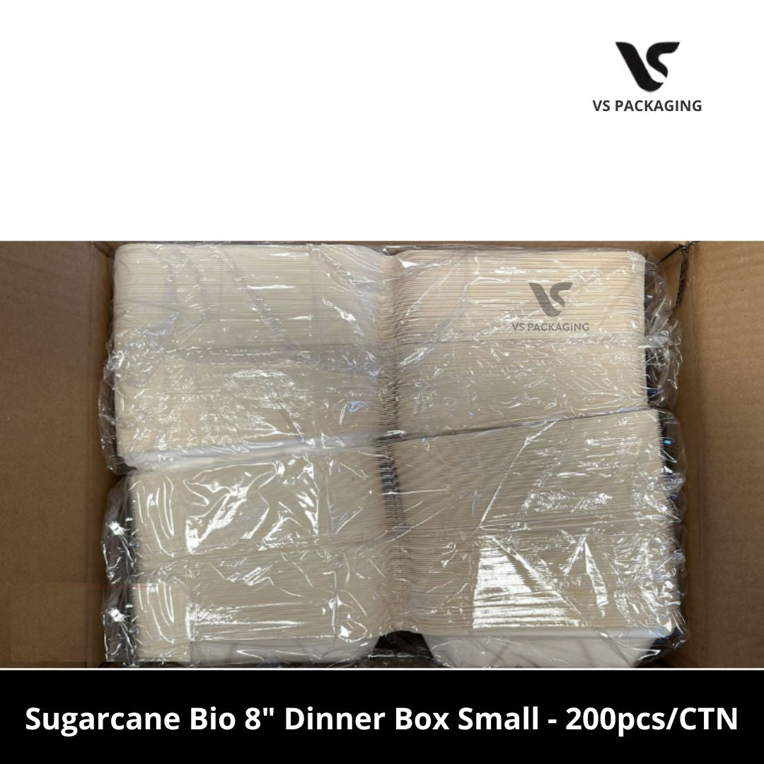 8” Sugarcane Bio Dinner Box Small PFAS Free - 200pcs/CTN VS Packaging