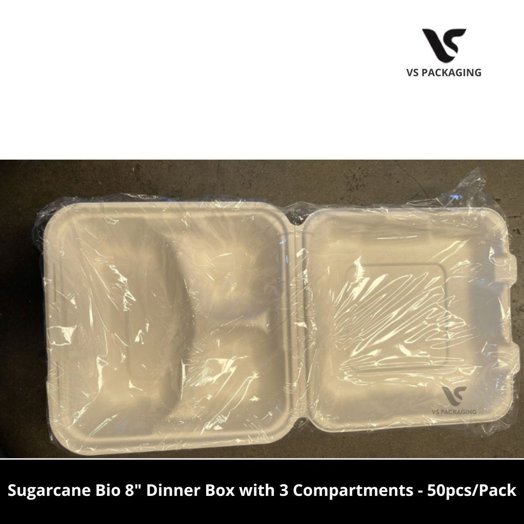 Sugarcane Bio 8” Dinner Box with 3 Compartments Small PFAS Free - 200pcs/CTN VS Packaging