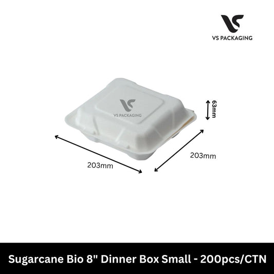 8” Sugarcane Bio Dinner Box Small PFAS Free - 200pcs/CTN VS Packaging