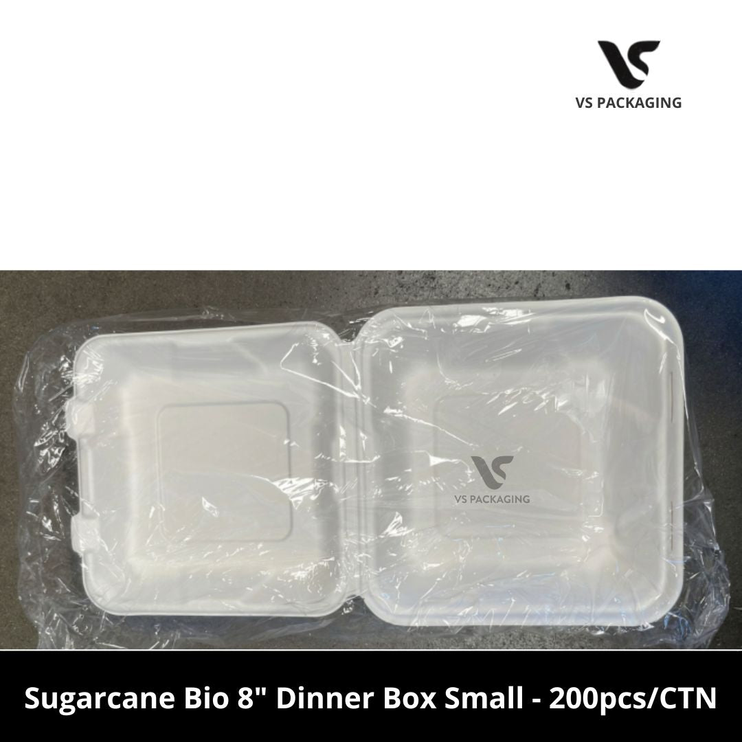 8” Sugarcane Bio Dinner Box Small PFAS Free - 200pcs/CTN VS Packaging
