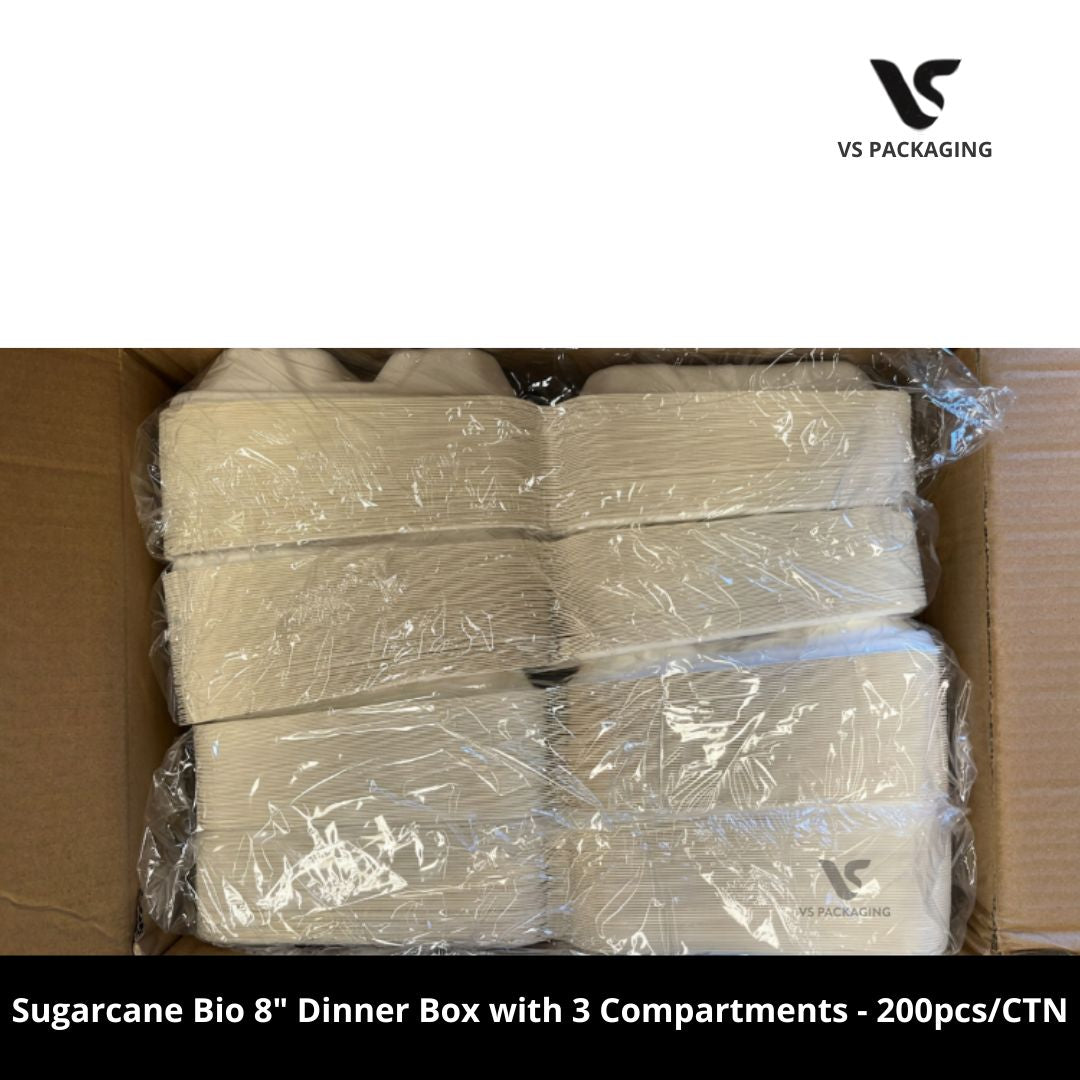 Sugarcane Bio 8” Dinner Box with 3 Compartments Small PFAS Free - 200pcs/CTN VS Packaging