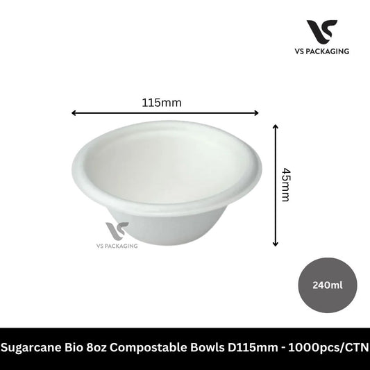 Sugarcane Bio 8oz Compostable Bowls D115mm - 1000pcs/CTN VS Packaging