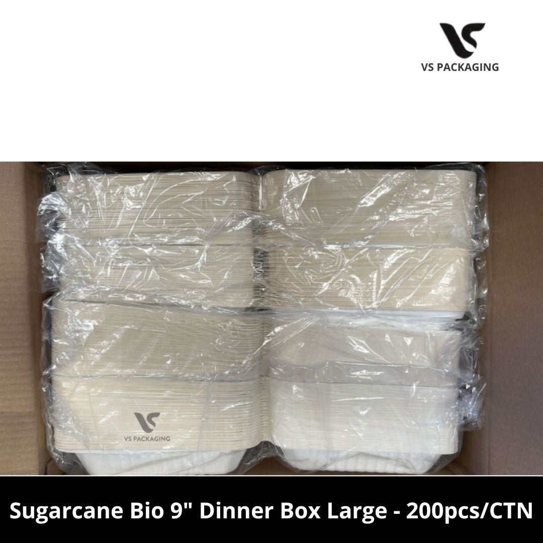 9” Sugarcane Bio Dinner Box Large PFAS Free - 200pcs/CTN VS Packaging