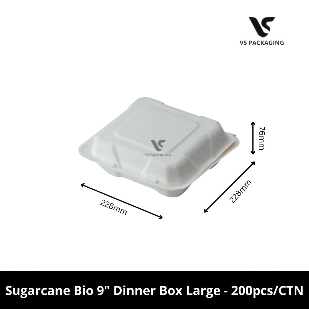 9” Sugarcane Bio Dinner Box Large PFAS Free - 200pcs/CTN VS Packaging