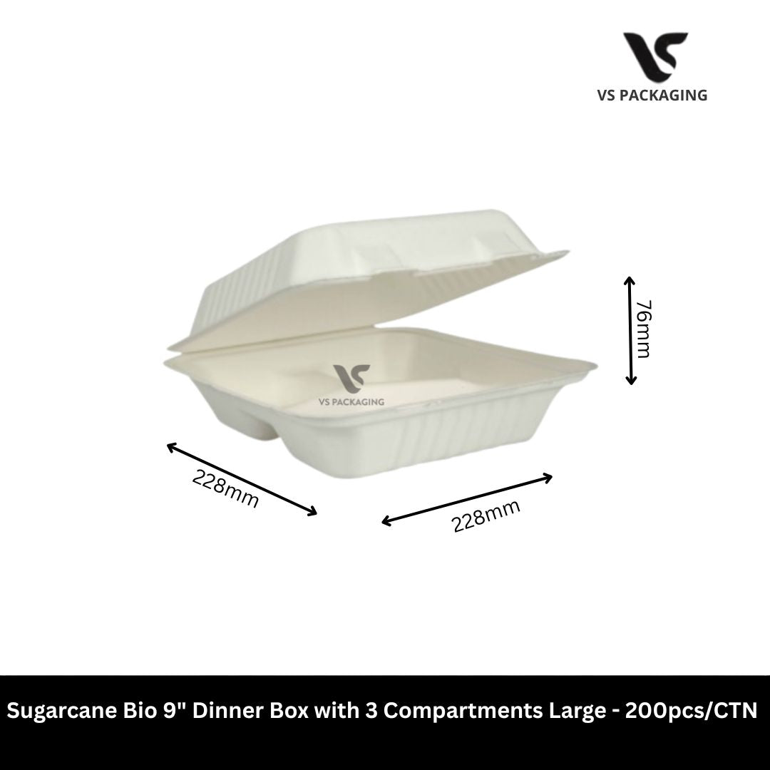Sugarcane Bio 9” Dinner Box with 3 Compartments Large PFAS Free - 200pcs/CTN VS Packaging