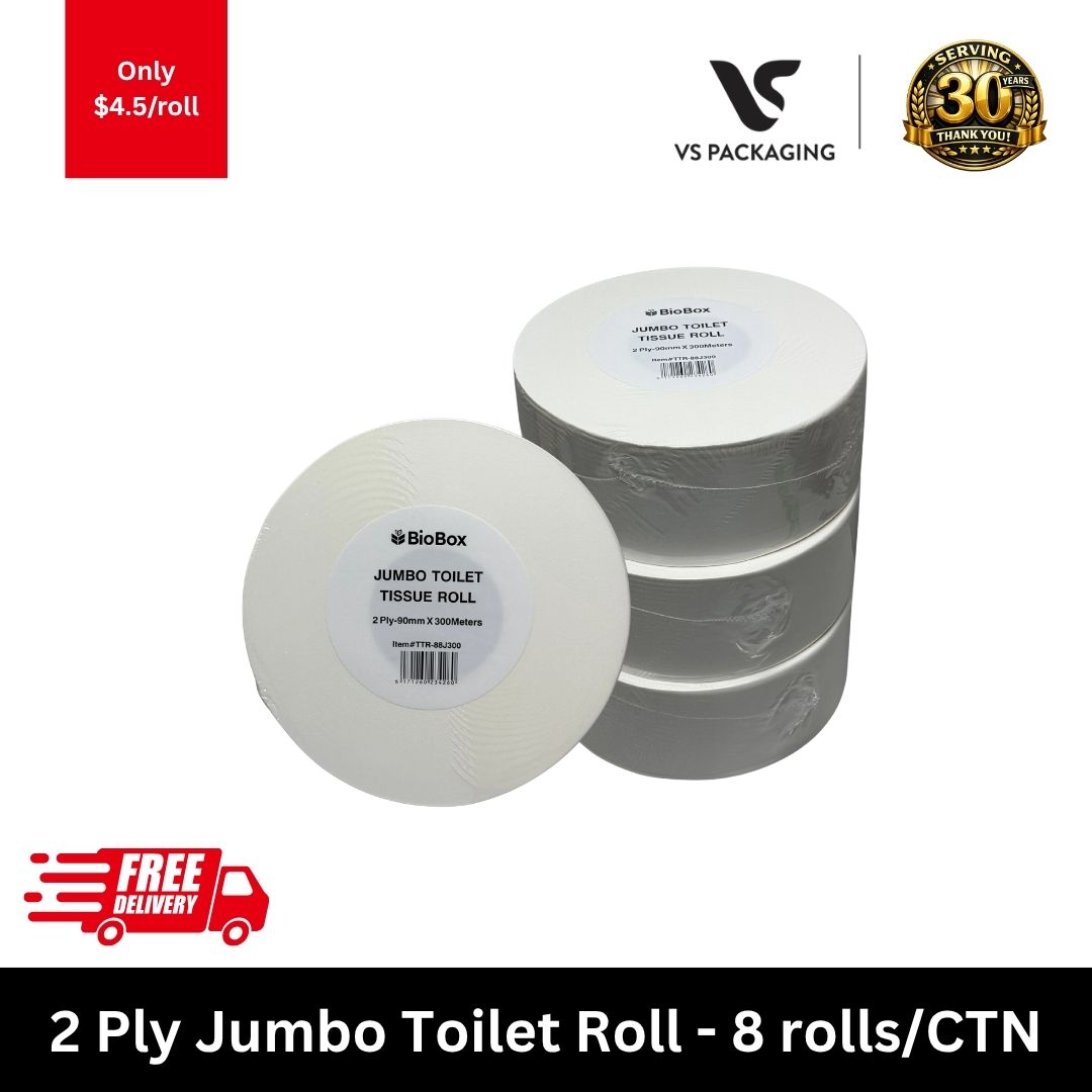 2 ply jumbo toilet roll 300m 90mm 8 rolls carton commercial bulk toilet paper Australia