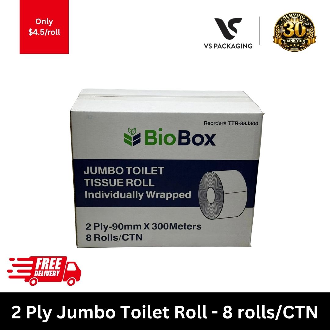 2 ply jumbo toilet roll 300m 90mm 8 rolls carton commercial bulk toilet paper Australia