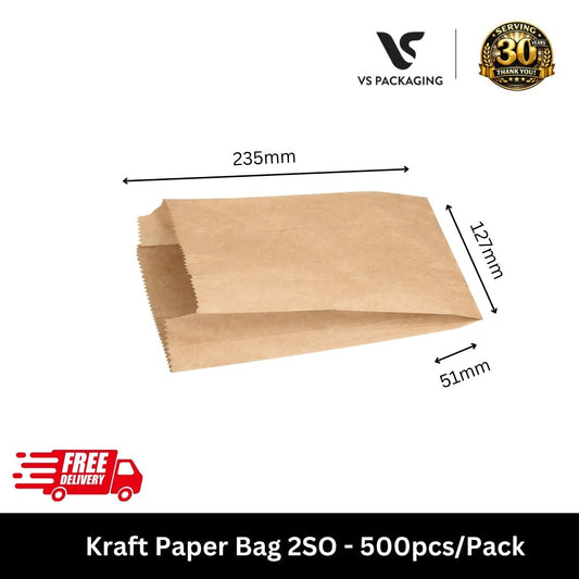 kraft paper bag 2SO 235x127x51mm bulk 500pcs Australia small takeaway bag for cafe bakery restaurant retail