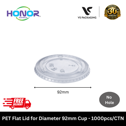 HONOR PET flat lid no hole 92mm clear cup lid bulk 1000pcs Australia for cafe restaurant takeaway drinks