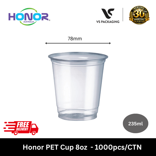 HONOR PET clear cup 8oz 78mm bulk 1000pcs Australia for cafe restaurant juice smoothie takeaway drinks