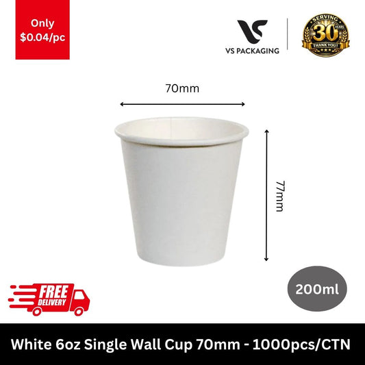 White 6oz paper cups 200ml 70mm single wall disposable bulk 1000pcs for cafes offices medical and events Australia