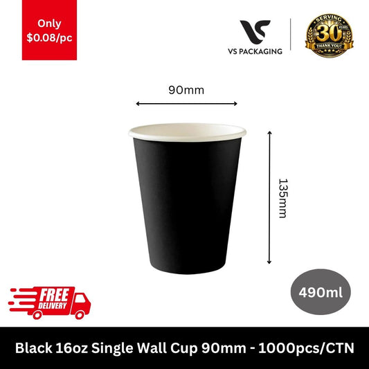 Black 16oz paper coffee cups 490ml 90mm single wall bulk 1000pcs compatible with 90mm lids cafes Australia