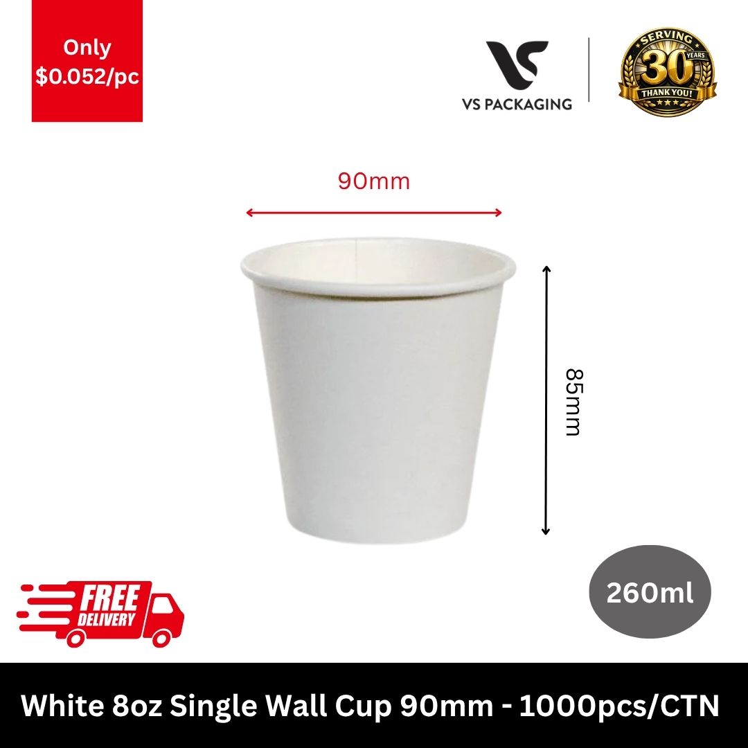 White 8oz paper coffee cups 260ml 90mm single wall bulk 1000pcs compatible with 90mm lids cafes Australia