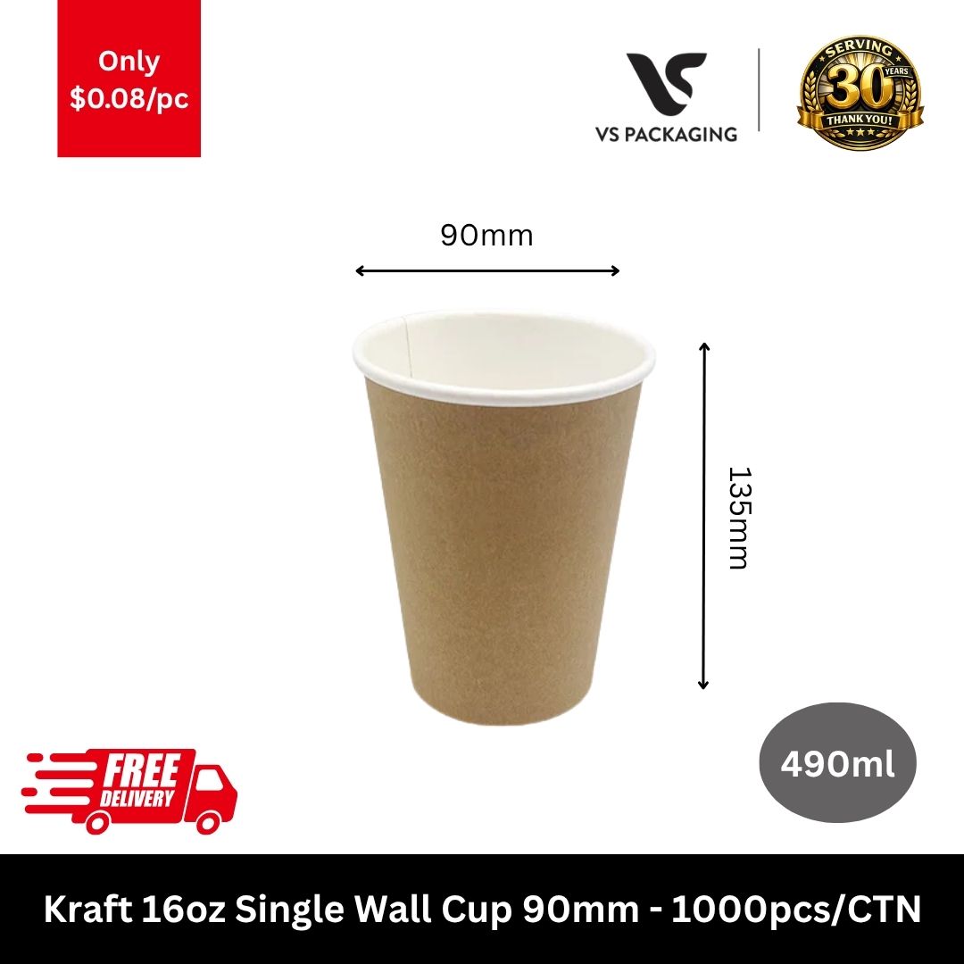 Kraft 16oz single wall paper coffee cups 490ml 90mm takeaway cups Australia