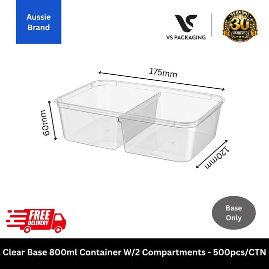 Clear 800ml rectangular container 2 compartment takeaway food container microwave safe Australia