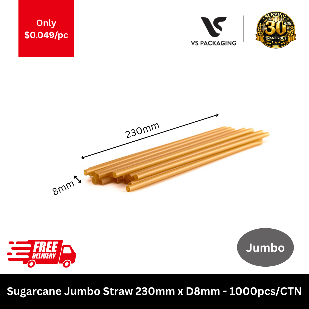 Eco-friendly sugarcane jumbo straws 8mm x 210mm for bubble tea, smoothies, shakes, cafes, takeaway shops and hospitality businesses in Australia – 1000pcs carton