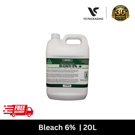 20L Bleach 6% – Commercial Chlorine Disinfectant & Stain Remover VS Packaging