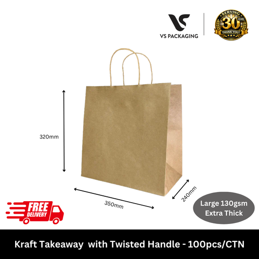 Kraft Takeaway / Uber Paper Bag with Twisted Handle 320x 350x 240mm Large 130gsm (Extra Thick) - 100pcs/CTN VS Packaging
