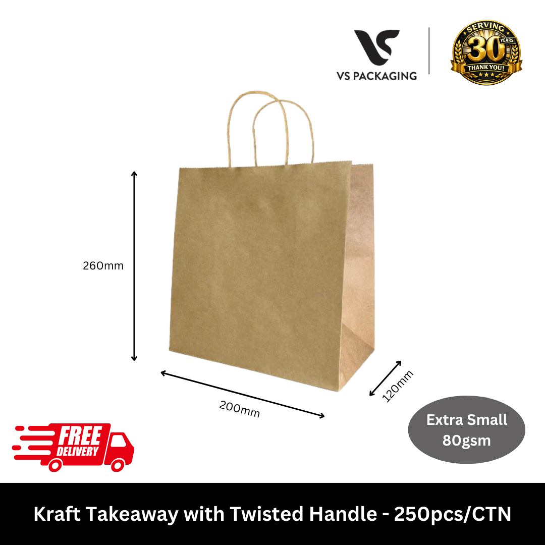 Kraft takeaway paper bag with twisted handle extra small 260x200x120mm 80gsm for cafes restaurants and food delivery