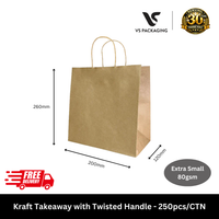 Kraft takeaway paper bag with twisted handle extra small 260x200x120mm 80gsm for cafes restaurants and food delivery