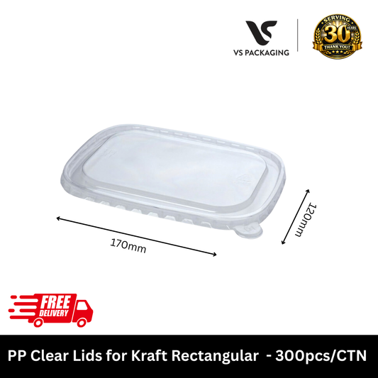 Clear PP lids for kraft rectangular food containers 500ml to 1000ml - VS Packaging Australia.