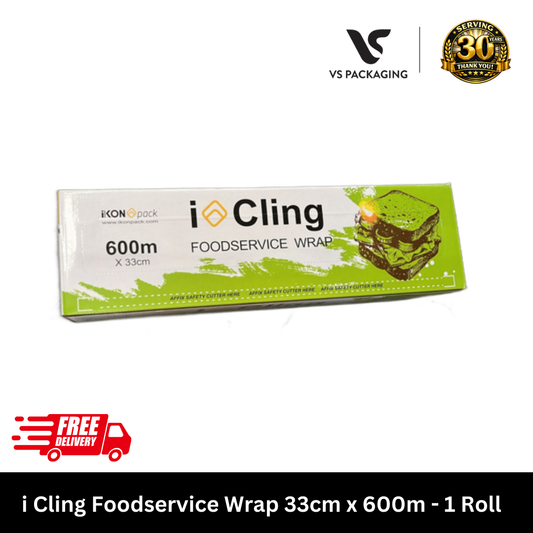 i Cling Foodservice Wrap 33cm x 600m bulk 6 rolls per carton for commercial kitchen food storage Australia.