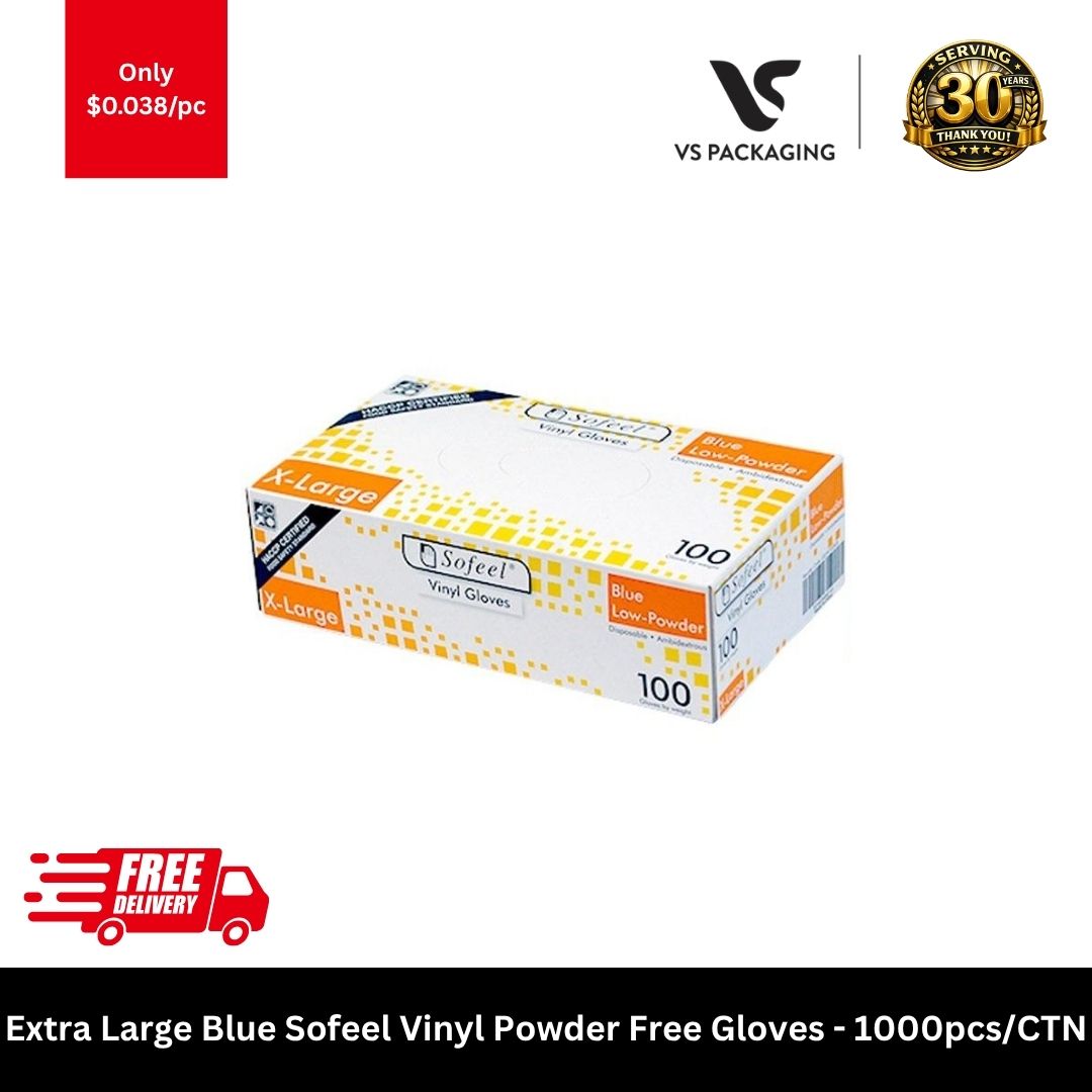 Extra large Sofeel blue vinyl powder free HACCP disposable gloves food handling cleaning hospitality 1000pcs carton