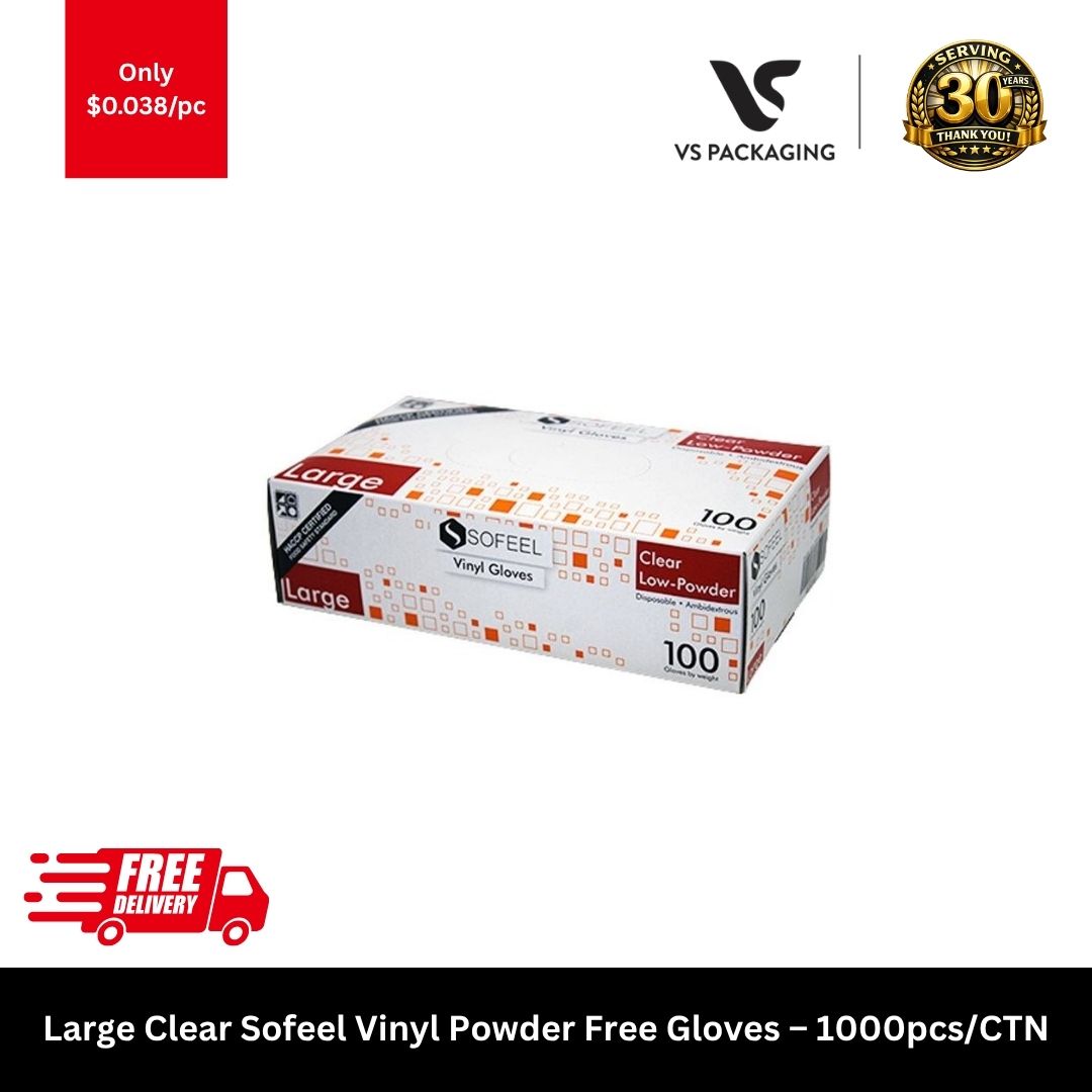 Large Sofeel clear vinyl powder free HACCP disposable gloves for food handling cleaning and hospitality 1000pcs carton
