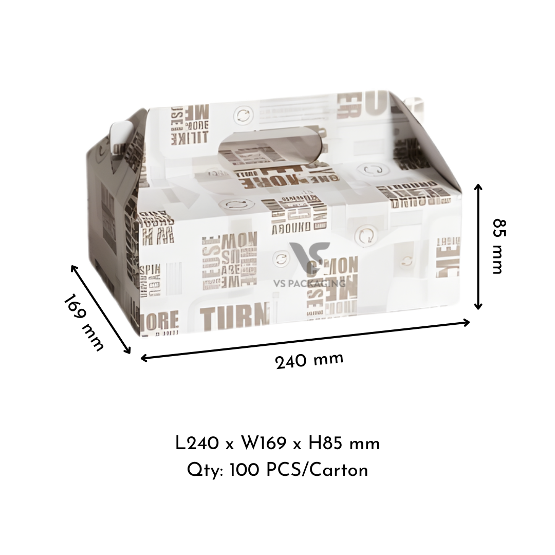 Visy Enviro Corrugated Carry Box 1 Small – white printed eco-friendly takeaway food box, 240 × 169 × 85 mm, 100 per carton.