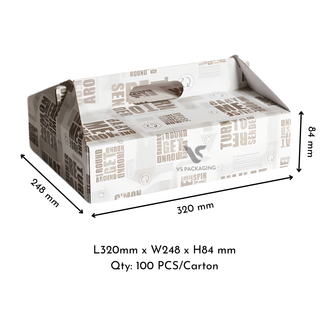 Visy Enviro Corrugated Carry Box 2 Medium – white printed eco-friendly takeaway food box 320 × 248 × 84 mm, 100 per carton.
