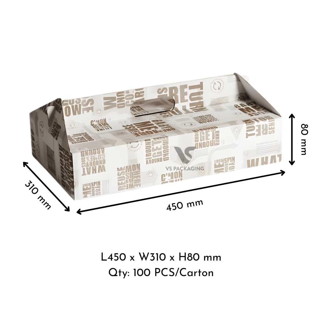 Visy Enviro Corrugated Carry Box 3 Large – white printed eco-friendly takeaway food box 400 × 249 × 85 mm, recyclable cardboard, 100 per carton.