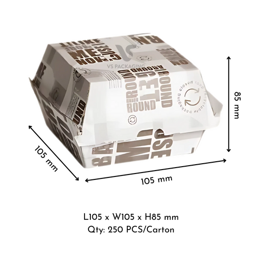 Visy Original Enviro corrugated burger box 105 × 105 × 85mm – eco-friendly cardboard clamshell takeaway packaging by VS Packaging Australia