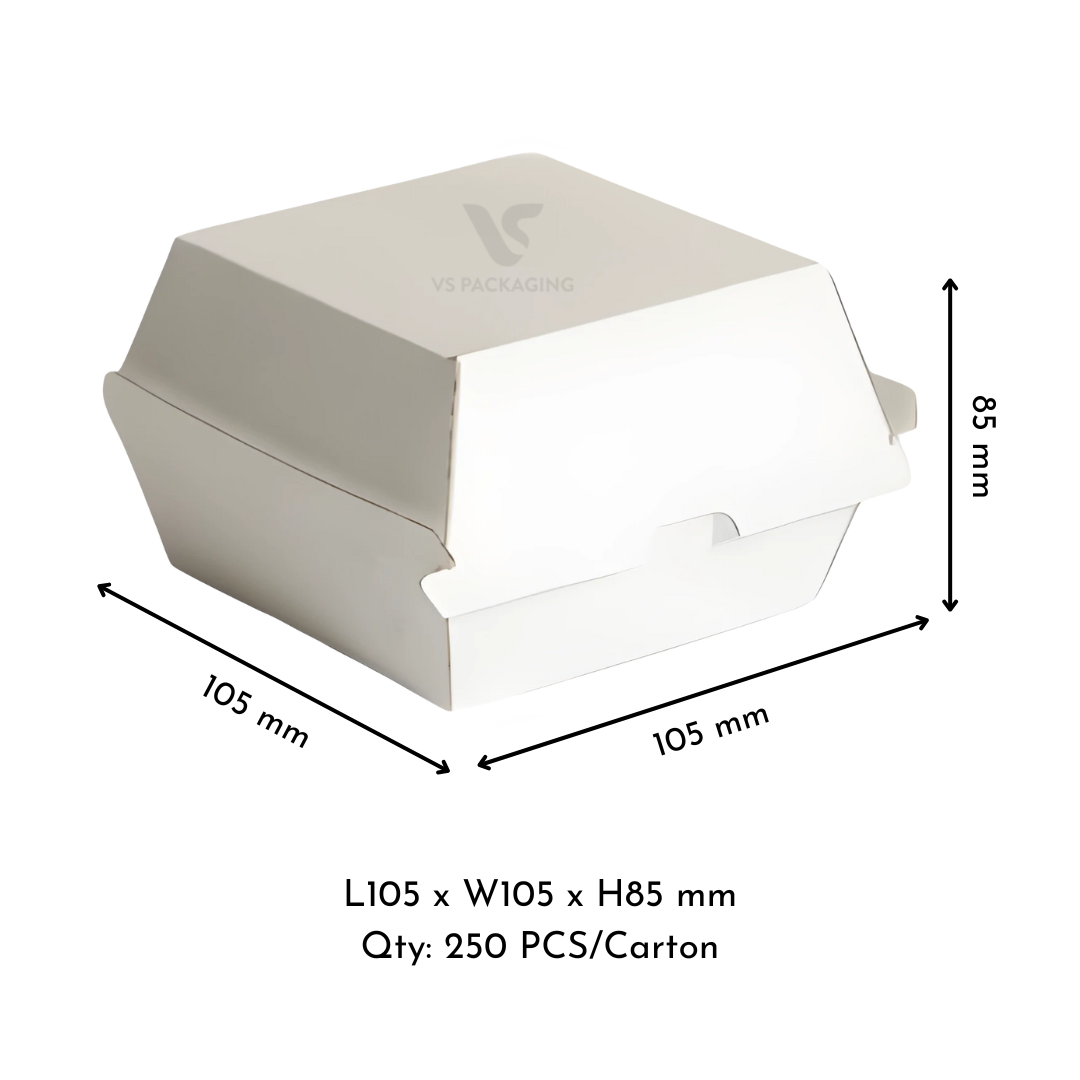 White corrugated cardboard burger box 105 × 105 × 85mm – eco-friendly clamshell packaging by VS Packaging Australia