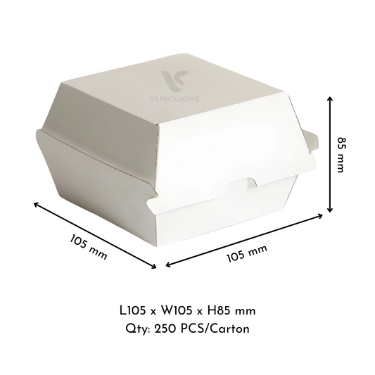 White corrugated cardboard burger box 105 × 105 × 85mm – eco-friendly clamshell packaging by VS Packaging Australia