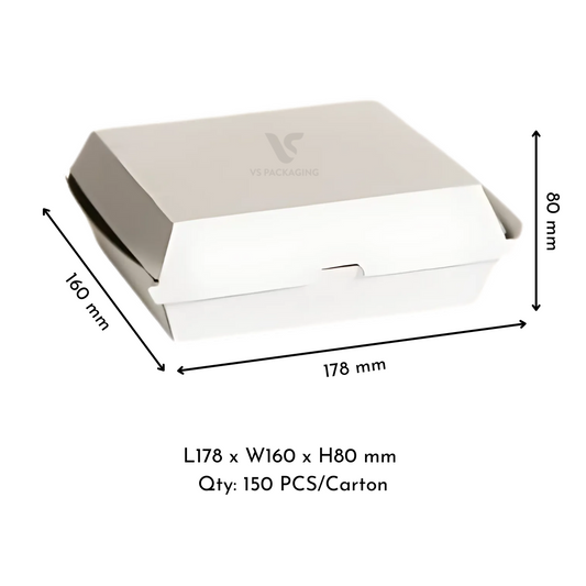 White corrugated cardboard dinner box 178 × 160 × 80mm – eco-friendly clamshell takeaway packaging by VS Packaging Australia
