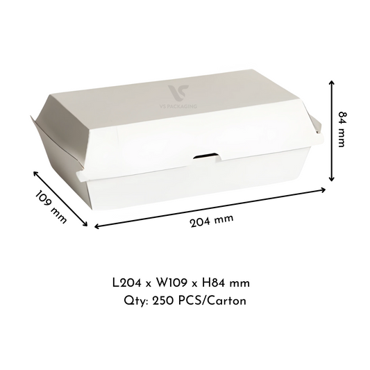 White corrugated large snack box 204 × 109 × 84mm – eco-friendly cardboard clamshell takeaway packaging by VS Packaging Australia