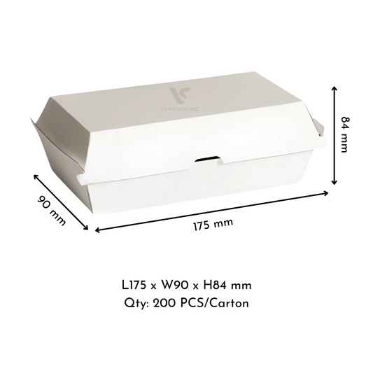 White corrugated cardboard snack box 175 × 90 × 84mm – eco-friendly clamshell takeaway packaging by VS Packaging Australia