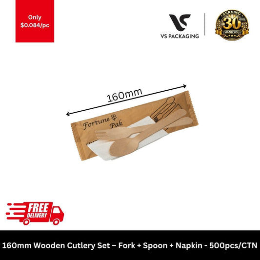 160mm wooden cutlery set fork spoon napkin individually wrapped eco friendly 500pcs bulk Australia