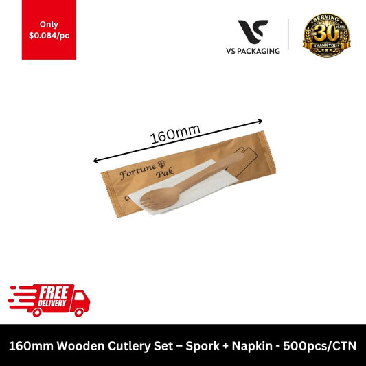 160mm wooden spork napkin set individually wrapped eco friendly 500pcs bulk Australia