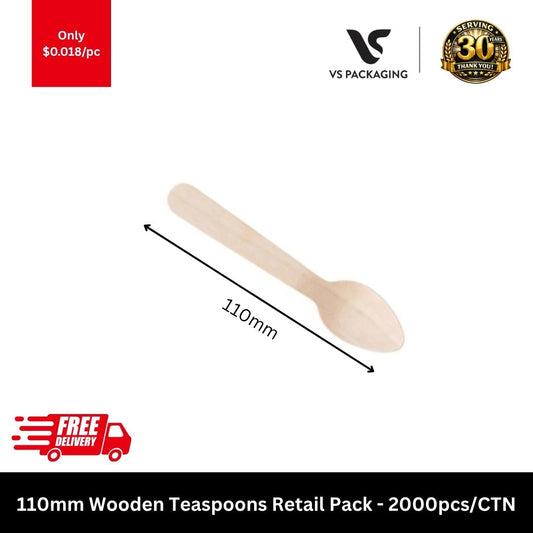 110mm wooden teaspoons retail pack eco friendly bulk 2000pcs biodegradable birch cutlery Australia