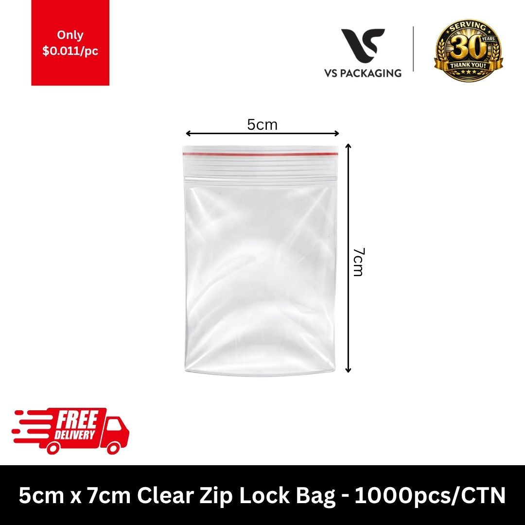 5cm x 7cm clear zip lock resealable bags 1000pcs carton packaging supplies