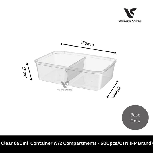Clear Base 650ml Plastic Rectangular Container with 2 Compartments - 500pcs/CTN (FP Brand) VS Packaging