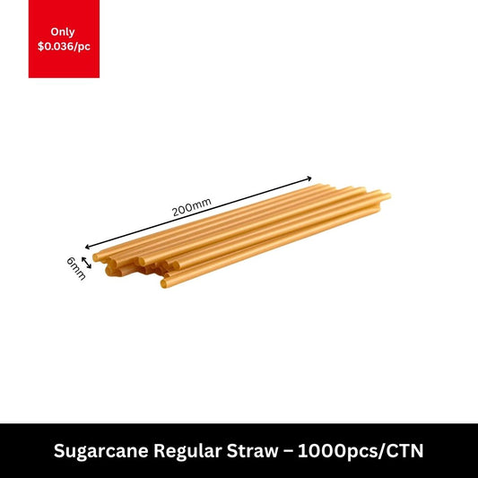 Eco-friendly sugarcane regular drinking straws 6mm x 200mm for cafes, restaurants, takeaway drinks and hospitality businesses in Australia – 1000pcs carton