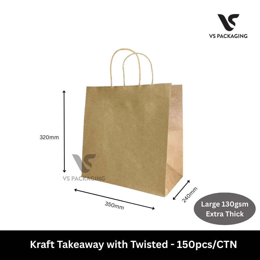 Kraft paper takeaway bag with twisted handles and dimensions on a white background, branded with VS Packaging.