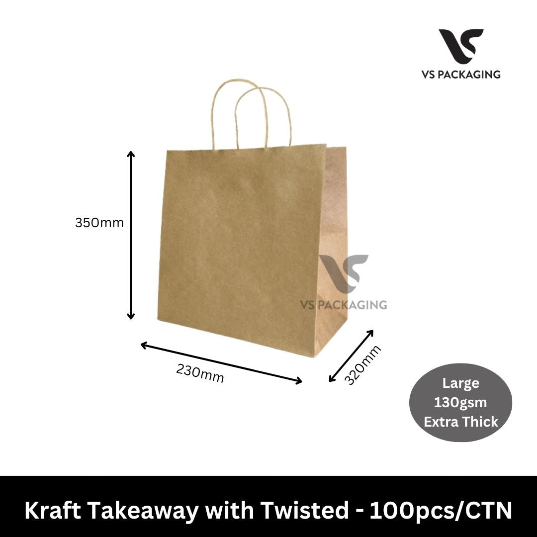 Kraft Takeaway / Uber Paper Bag with Twisted Handle 350 x 230 x 320mm Large 130gsm (Extra Thick) - 100pcs/CTN VS Packaging