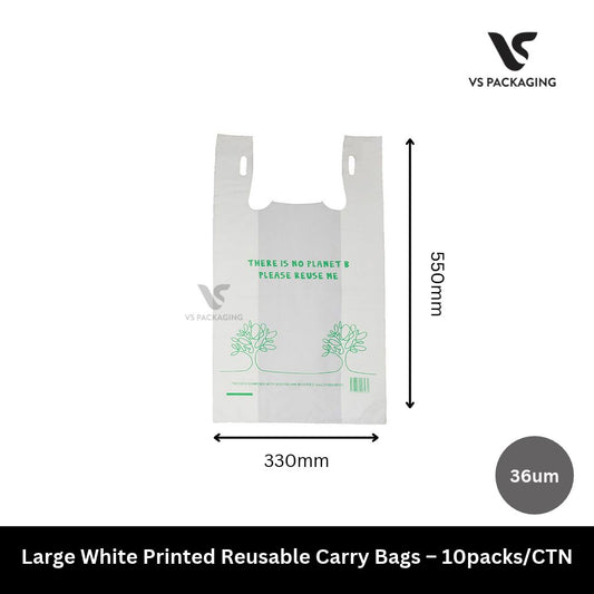 Large White Printed Reusable Carry Bags – 10packs/CTN VS Packaging