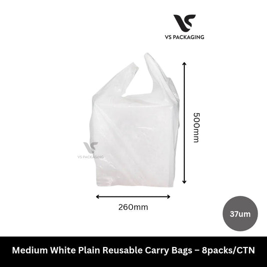 Medium White Plain Reusable Carry Bags – 8packs/CTN VS Packaging